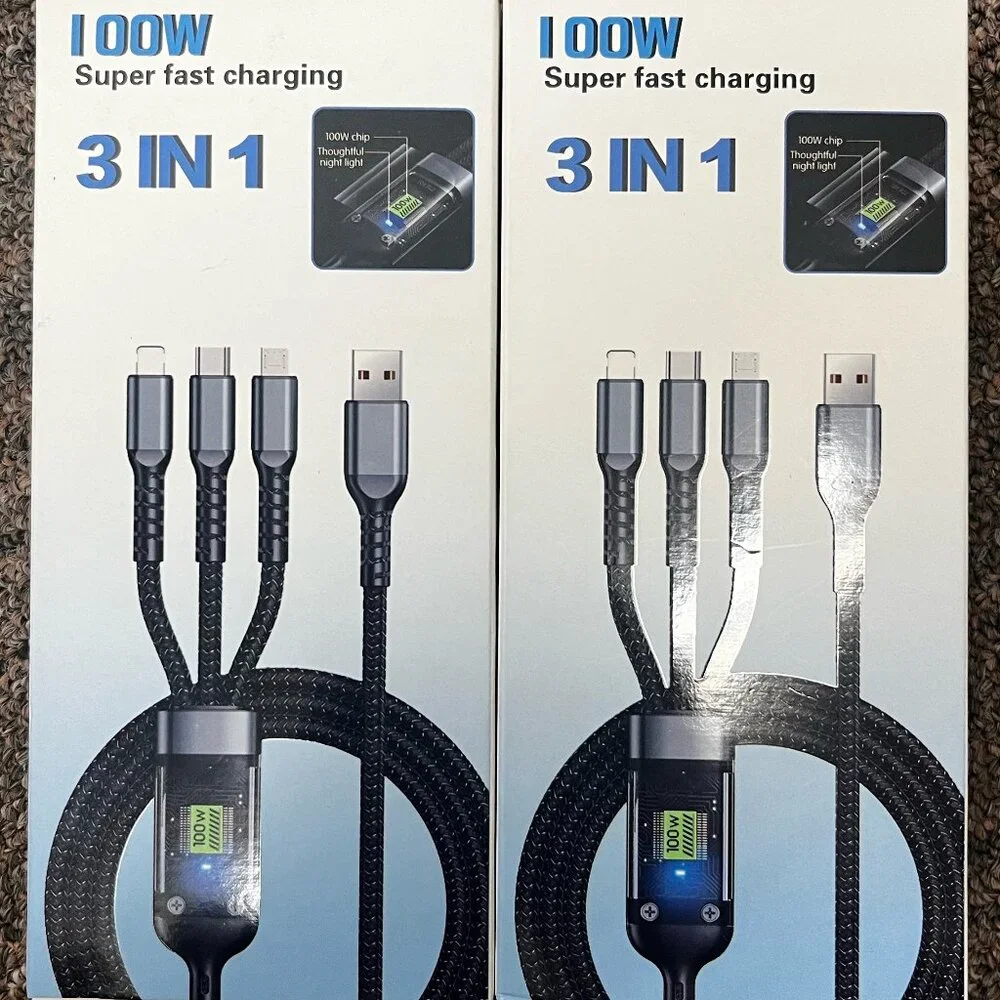 2 Packs 3 IN 1 Super Fast Charging Cable